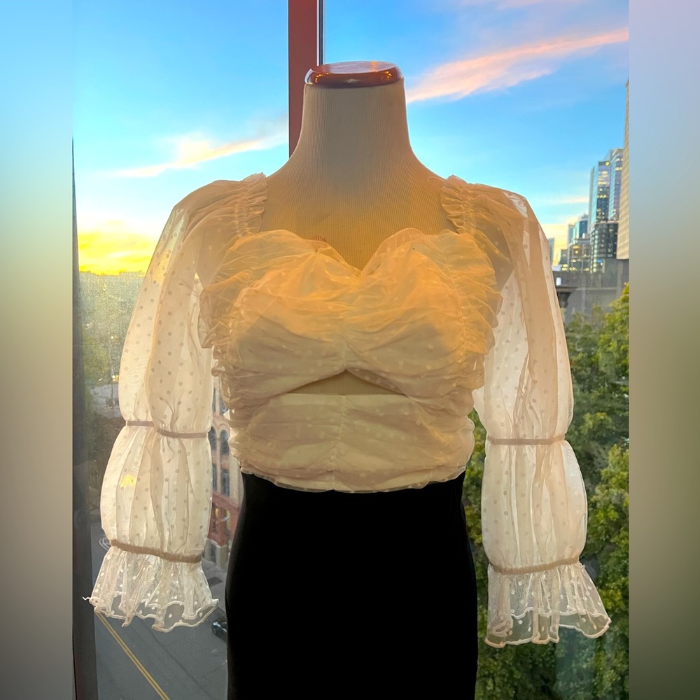 White Sheer Puff Sleeve Corset Top – Ruched Mesh Peasant Blouse